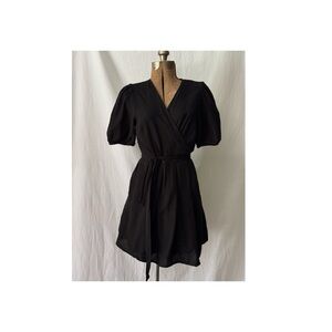 Black Linen Blend V-Neck Wrap Dress by H&M